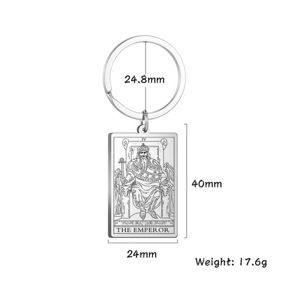 Keychain with 'The Emperor' tarot card design, showing dimensions and weight on a white background.