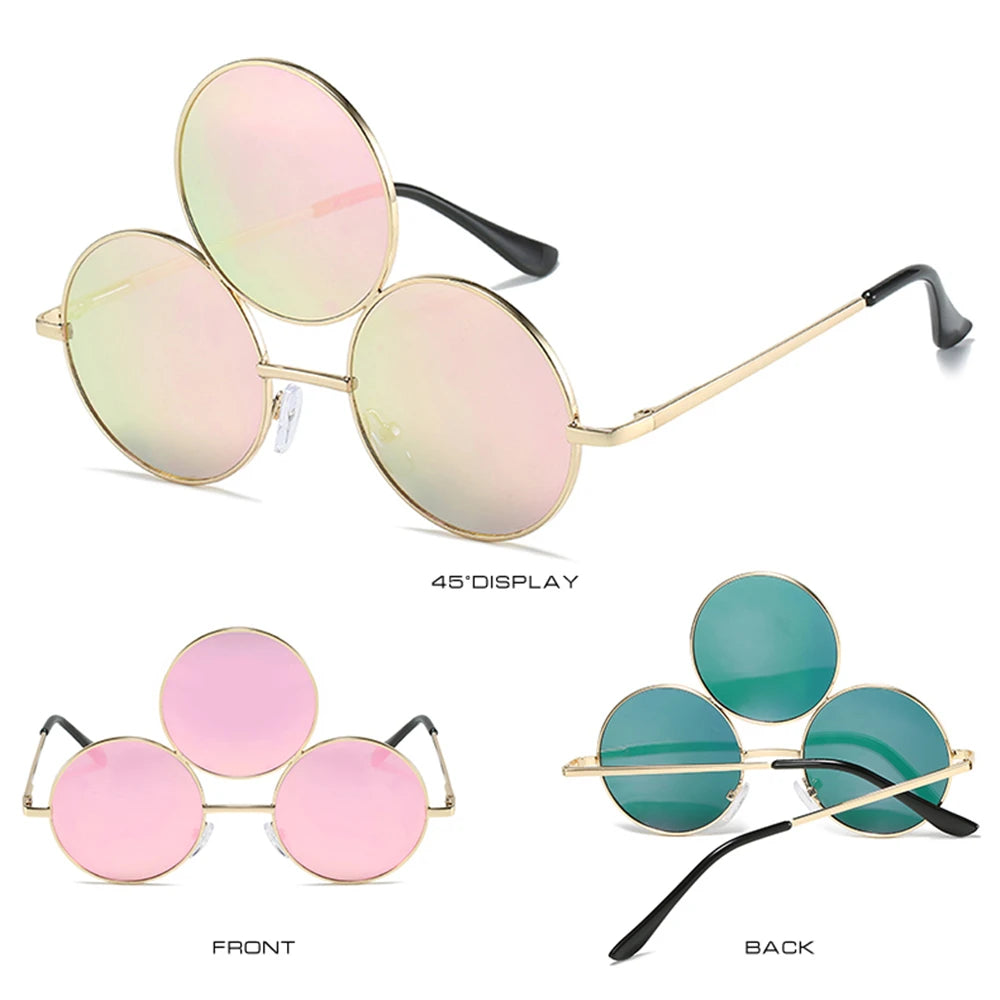 Round sunglasses with gold frames and pink and green lenses on a white background.