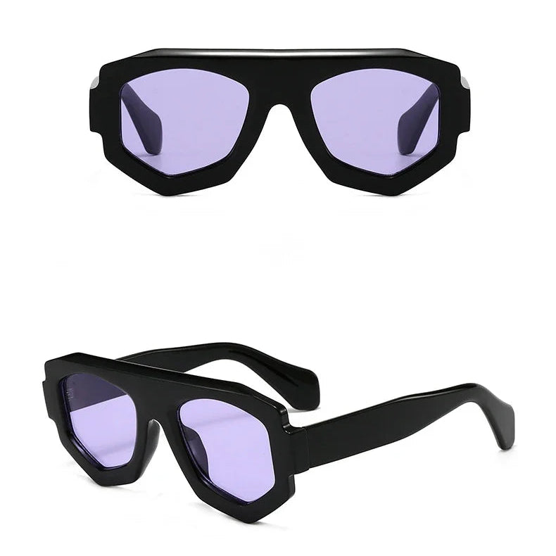 Black sunglasses with purple lenses on a white background