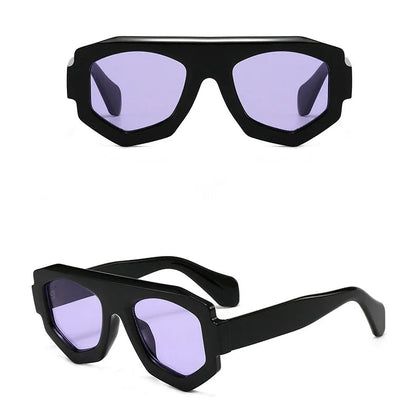 Black sunglasses with purple lenses on a white background