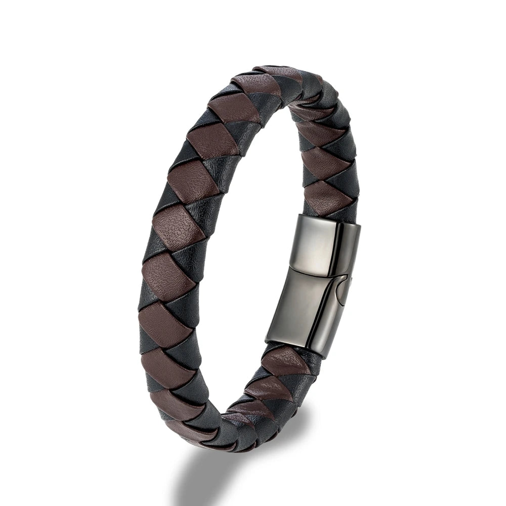 Brown and black braided pattern leather bracelet with black metal clasp on white background