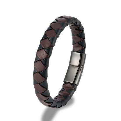 Brown and black braided pattern leather bracelet with black metal clasp on white background