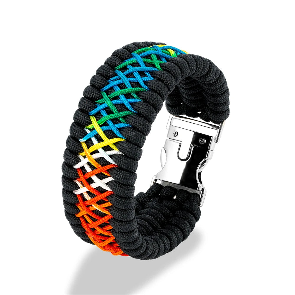 Black braided bracelet with colourful pattern and silver clasp on a white background