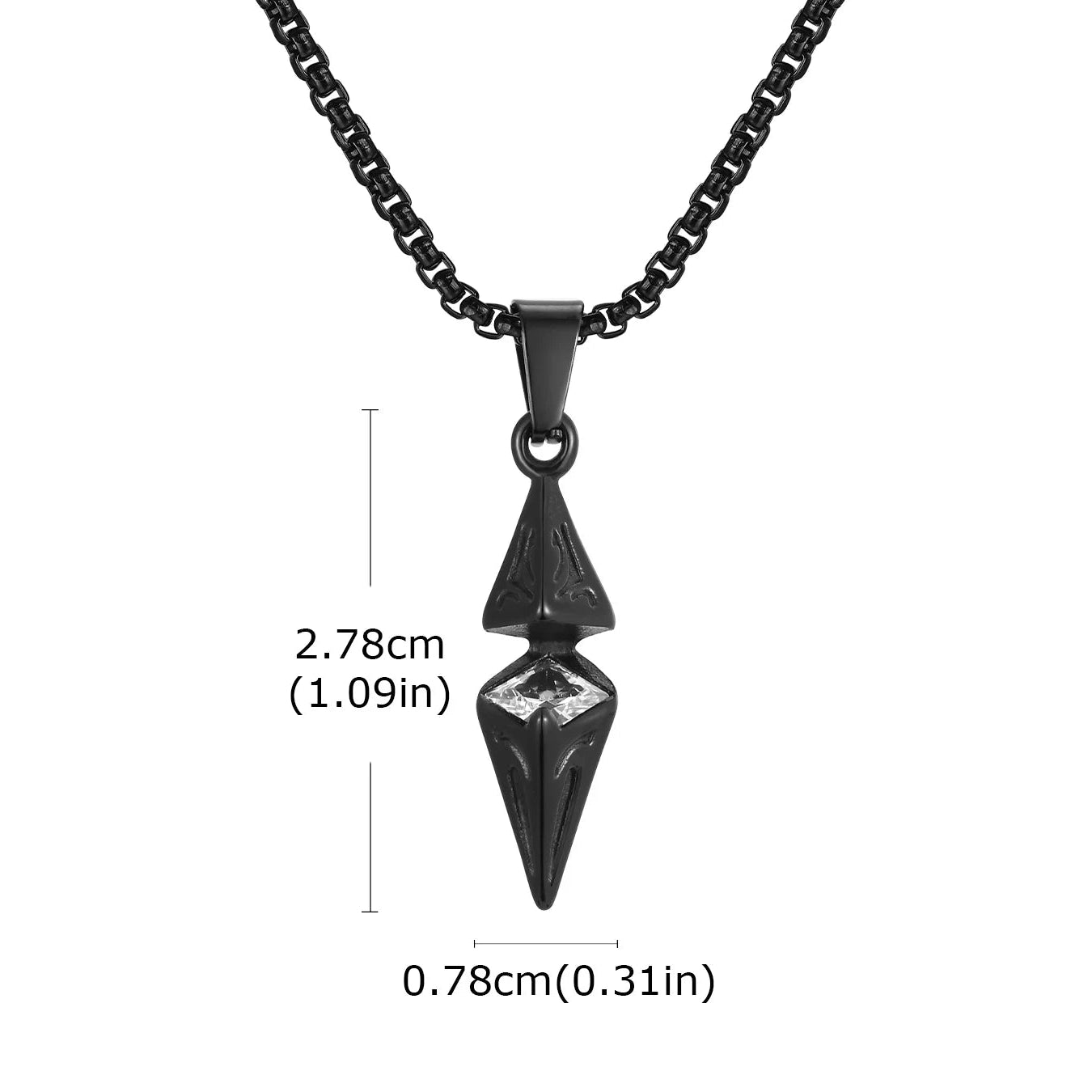 Black pendant necklace with measurements on a white background