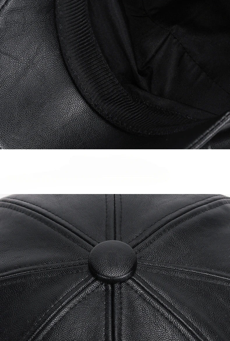 Close-up of black leather cap with a button detail.