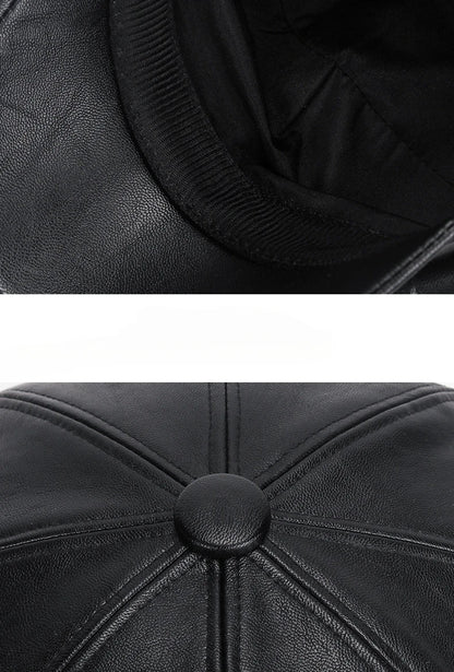 Close-up of black leather cap with a button detail.