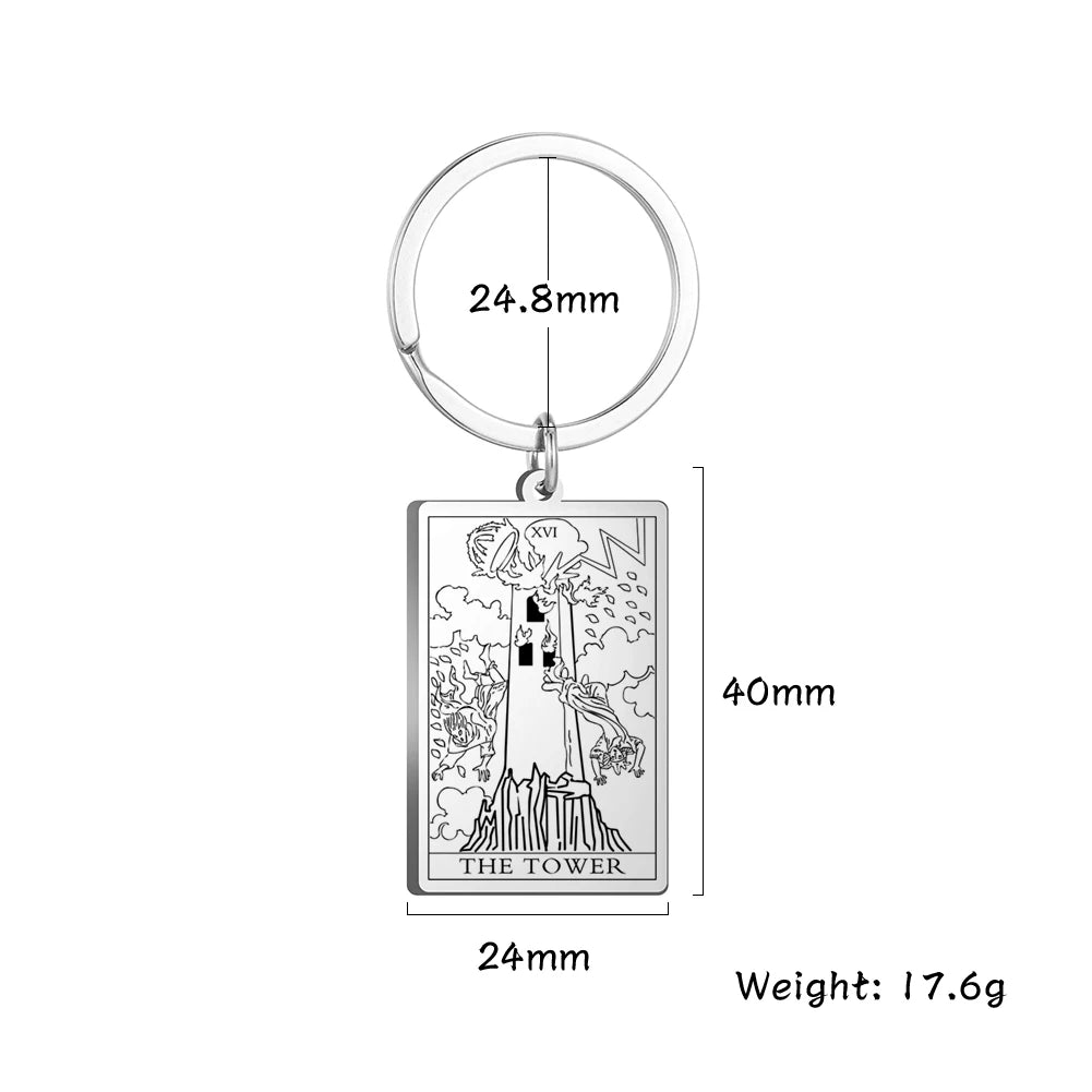 Keychain with tarot card design and measurements on a white background