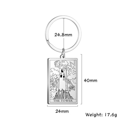 Keychain with tarot card design and measurements on a white background