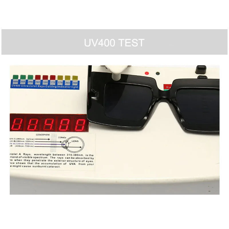 Sunglasses with UV400 test equipment displaying a reading