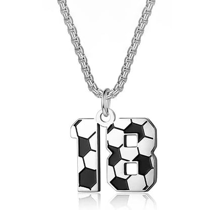 Silver necklace with a soccer ball and number 18 pendant on a white background
