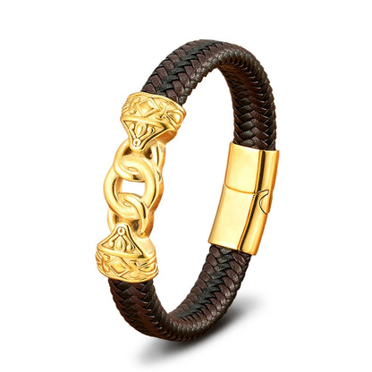 Brown braided leather bracelet with gold clasp on a white background