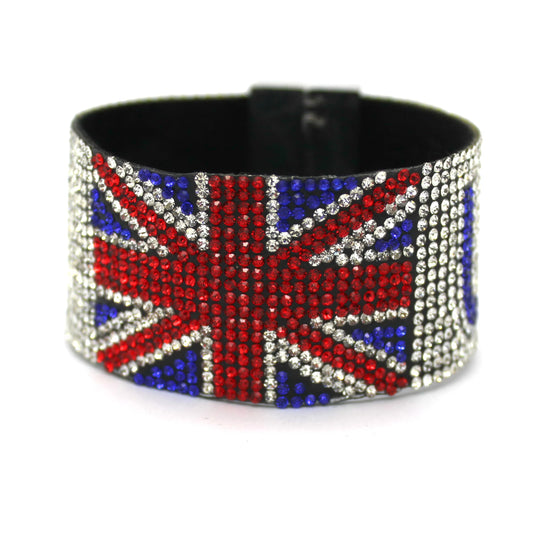 Bracelet with Union Jack design and rhinestones on a white background