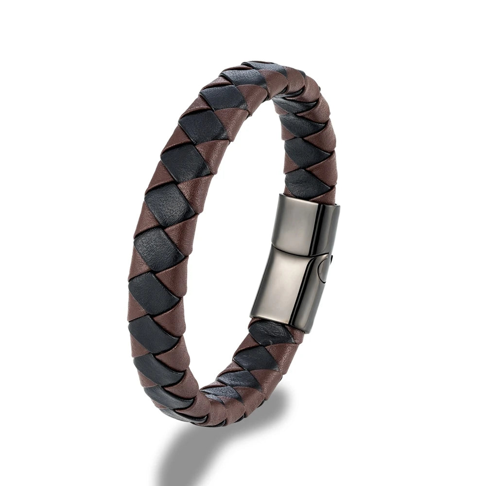 Black and brown braided pattern leather bracelet with black metal clasp