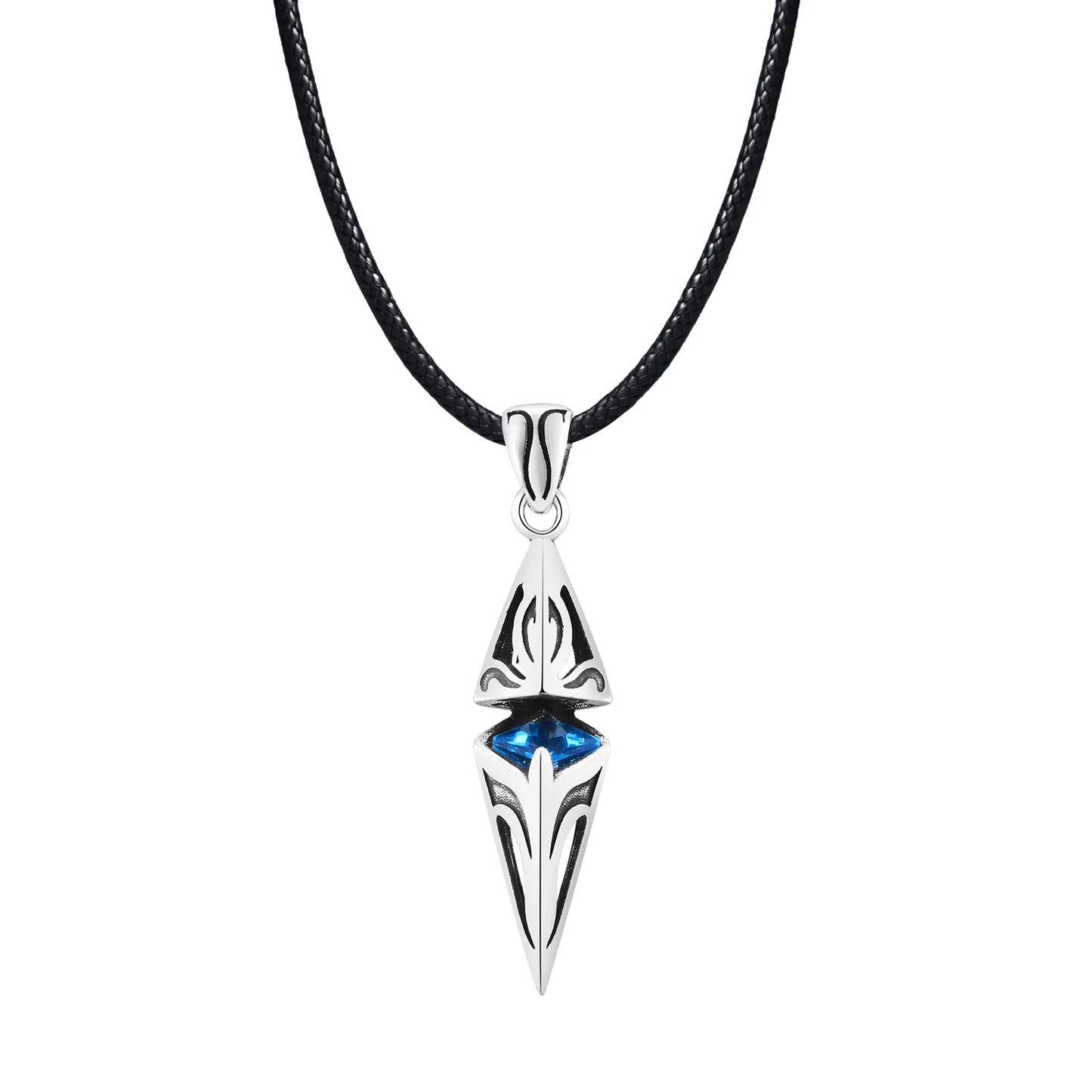 Silver pendant with blue gemstone on a black cord against a white background