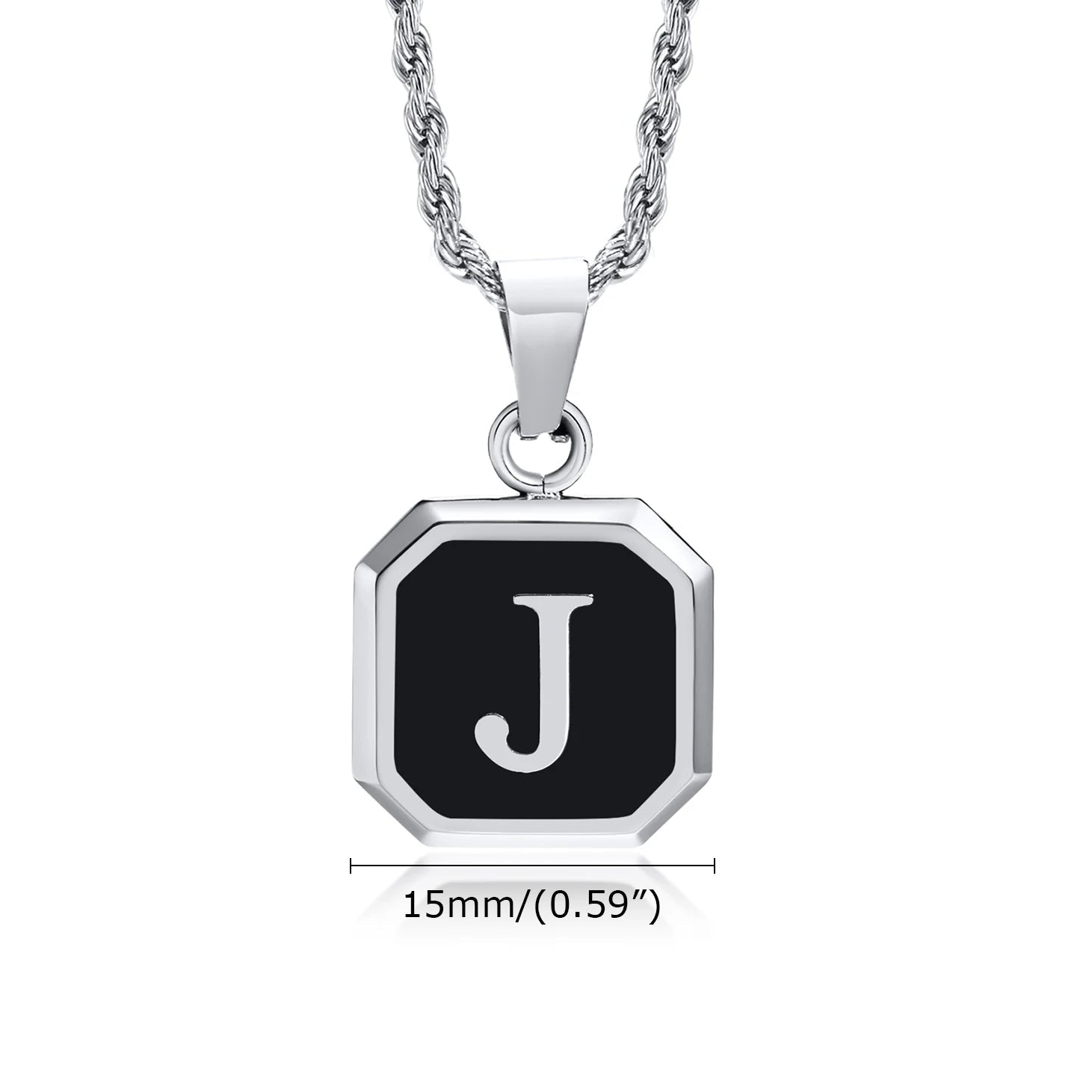 Necklace with a black pendant featuring the letter 'J', on a white background.