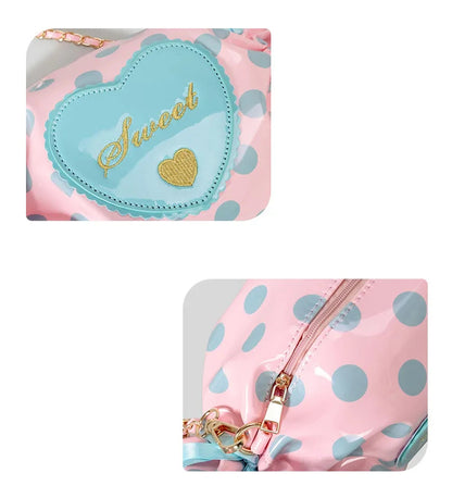 Pink polka dot bag with a blue patch and 'sweet' text on a white background