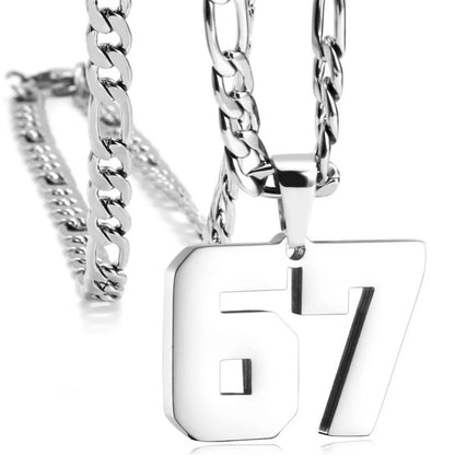Silver chain necklace with a square pendant featuring the number 67 on a white background