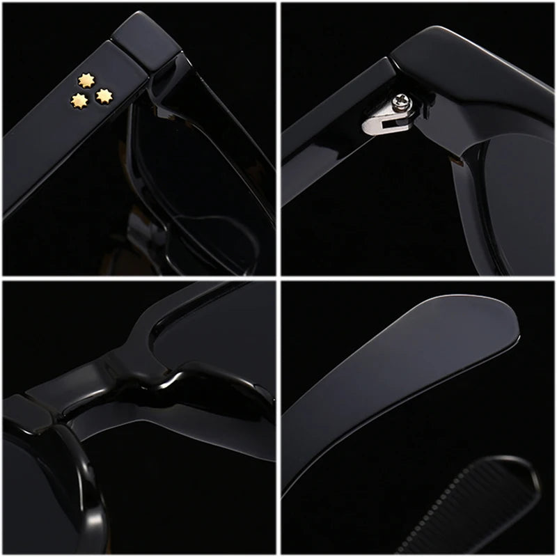 Collage of close-up shots of a black sunglasses with various components on a dark background.