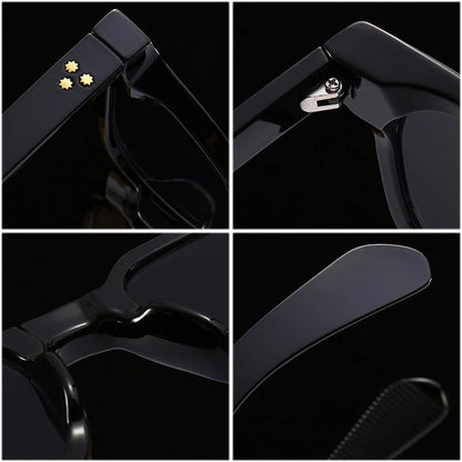 Collage of close-up shots of a black sunglasses with various components on a dark background.