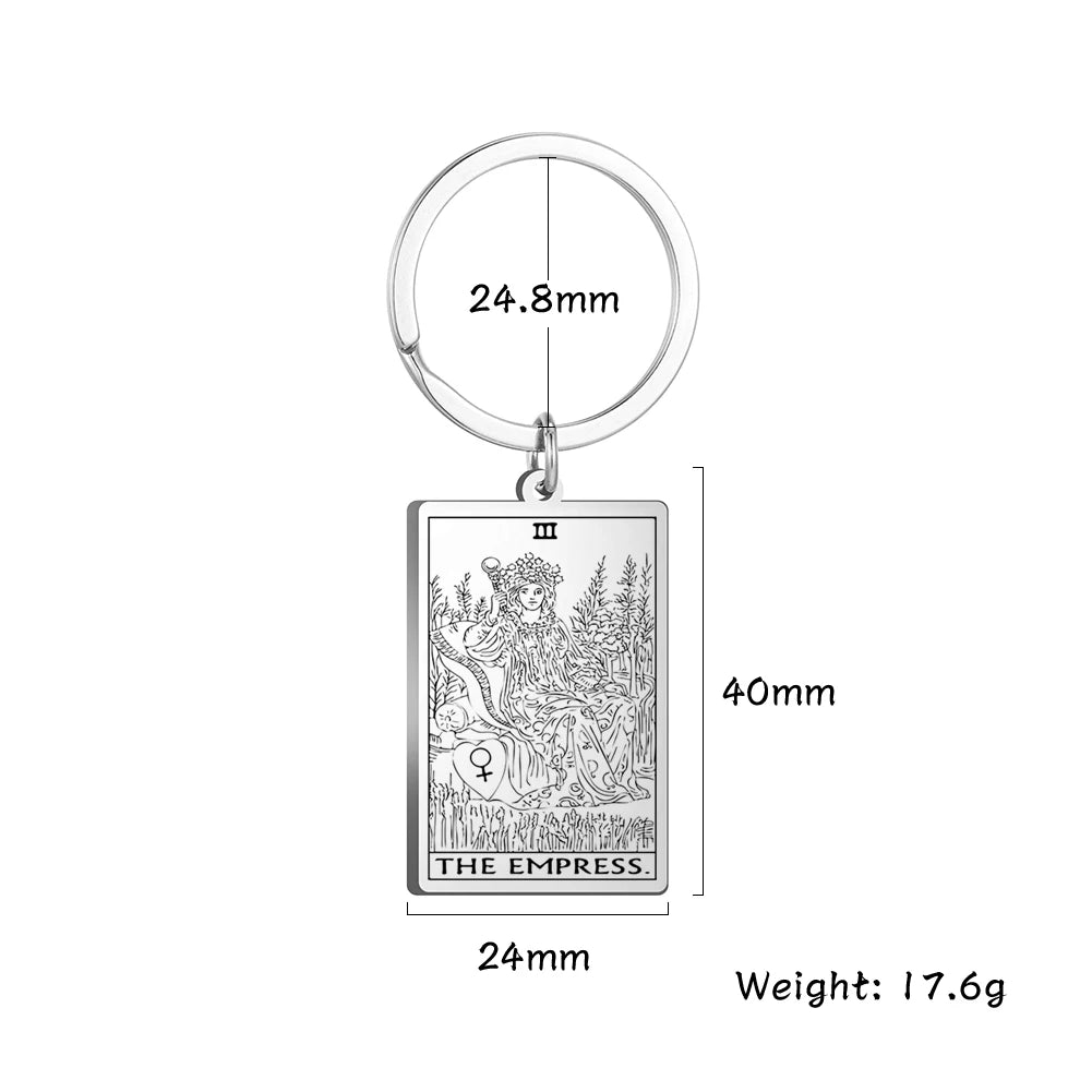 Keychain with 'The Empress' tarot card design and measurements on a white background