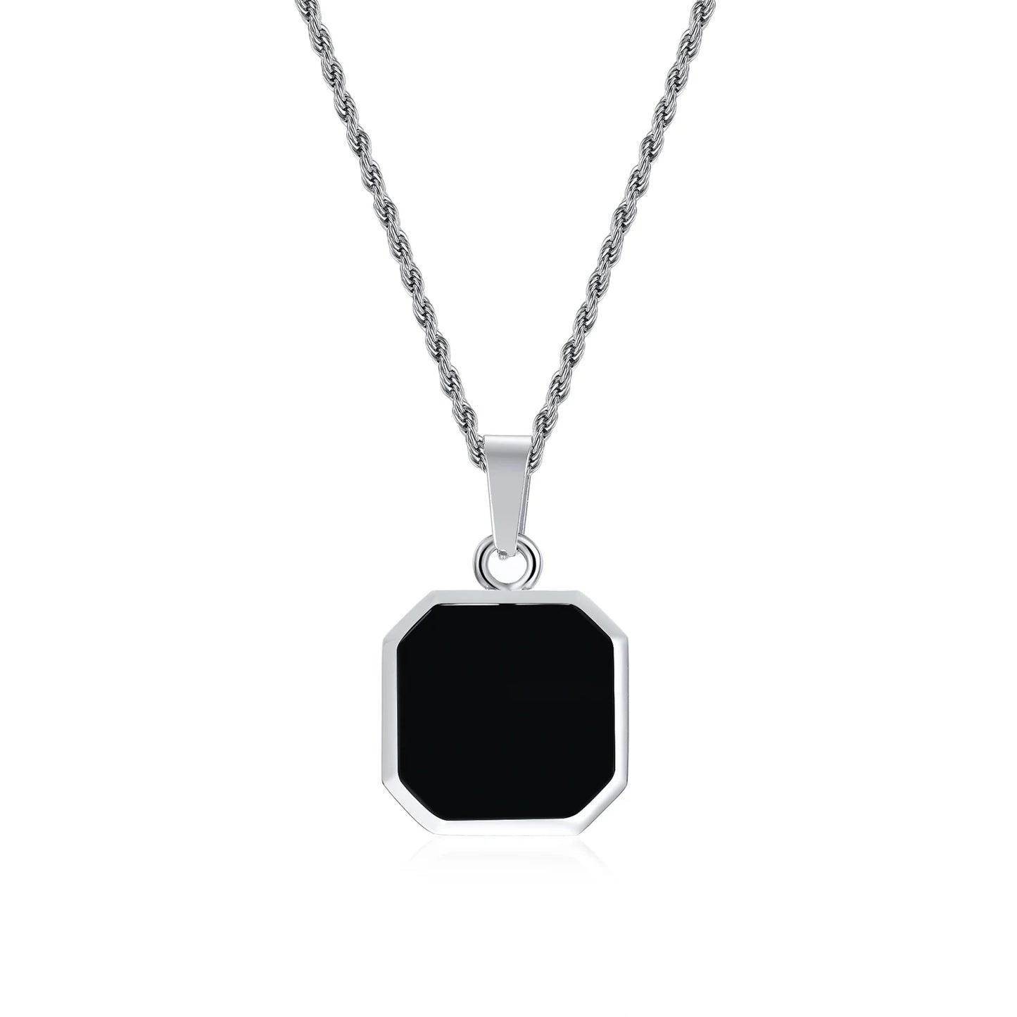 Silver necklace with a black pendant on a white background