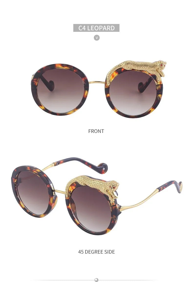 Sunglasses with tortoiseshell frame and gold accents on a white background