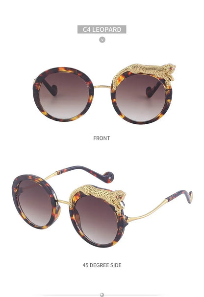 Sunglasses with tortoiseshell frame and gold accents on a white background