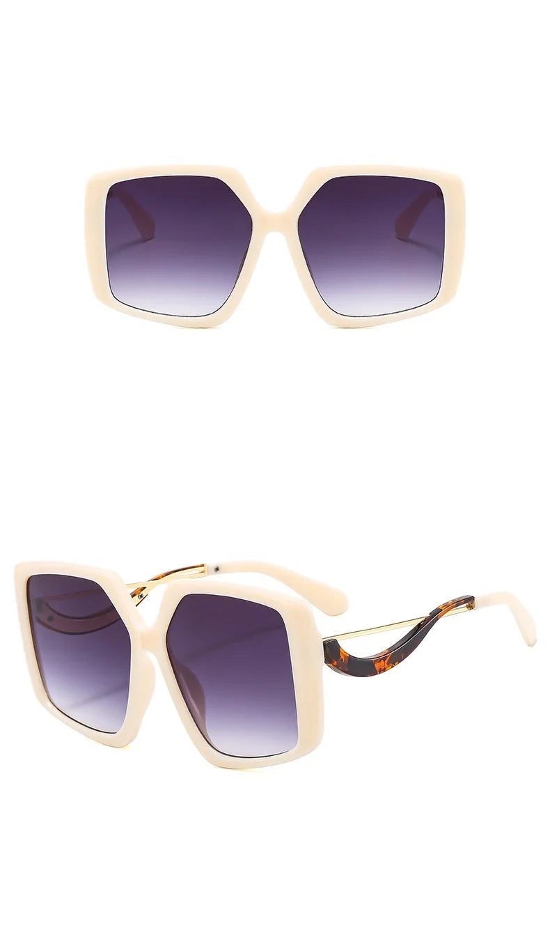 Beige oversized square sunglasses with gradient purple lenses, shown from front and side angles on a white background.
