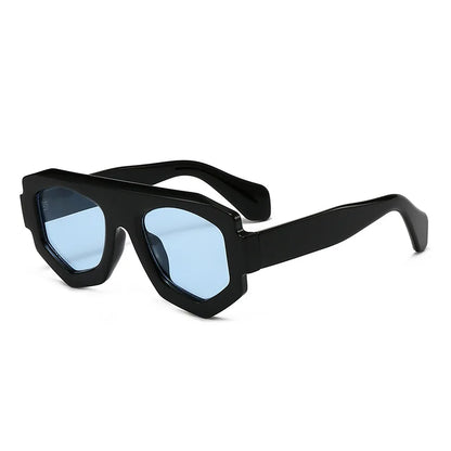 Black sunglasses with blue lenses on a white background