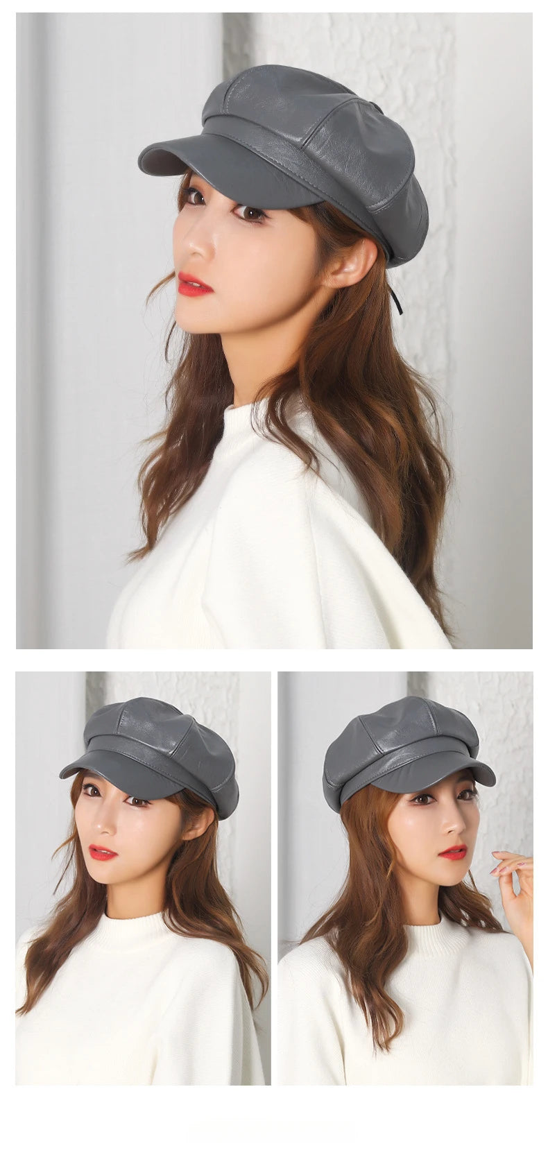 Woman wearing a gray cap with three different angles shown.