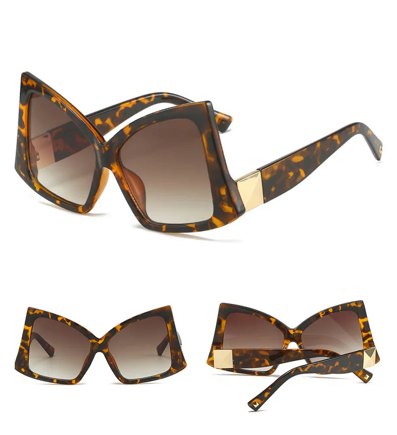 Three views of oversized square sunglasses with a tortoiseshell pattern and gradient brown lenses.