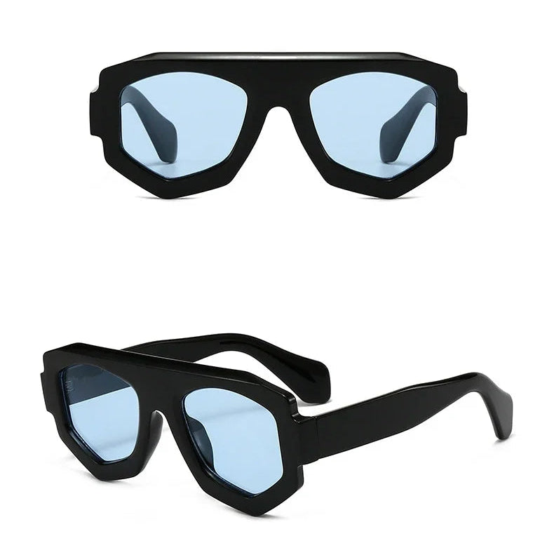 Black sunglasses with blue lenses on a white background
