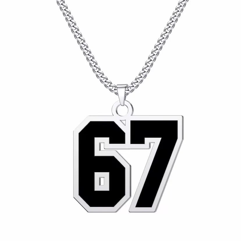 Necklace with a black number '67' pendant on a white background