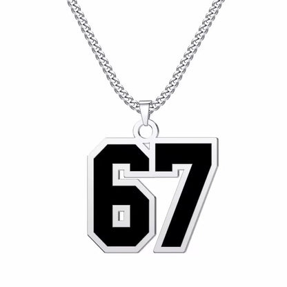 Necklace with a black number '67' pendant on a white background