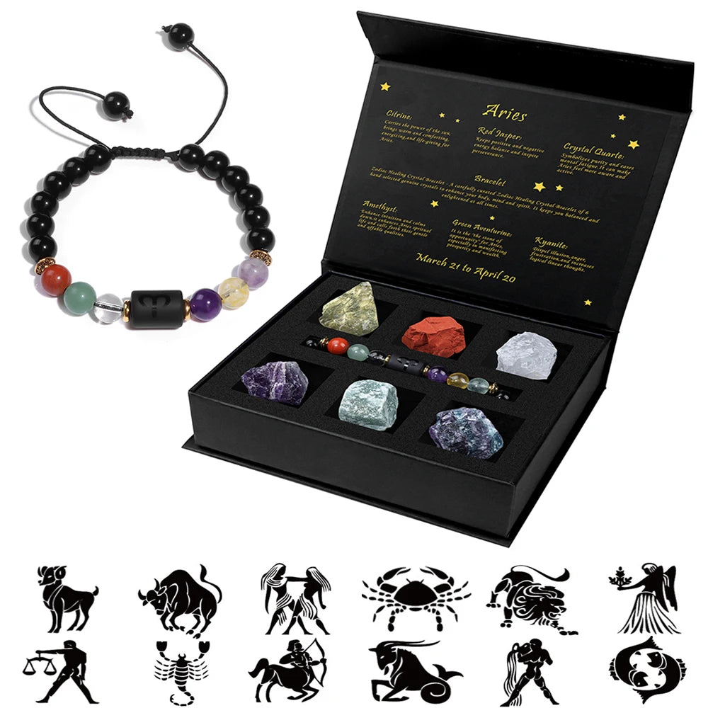 Black beaded bracelet with a box of crystals and astrological symbols below