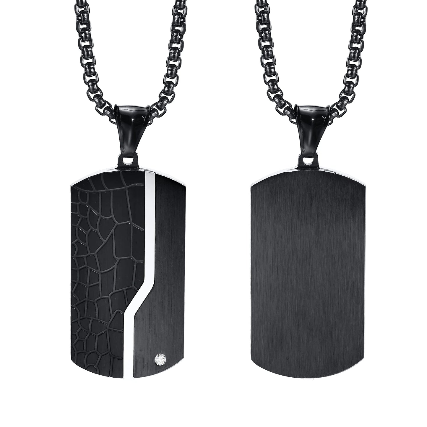 Two black dog tag necklaces on a white background