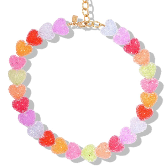 Colourful heart-shaped necklace with a gold clasp on a white background