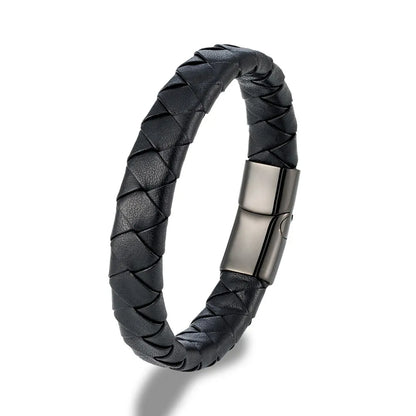 Black braided pattern leather bracelet with black metal clasp on white background