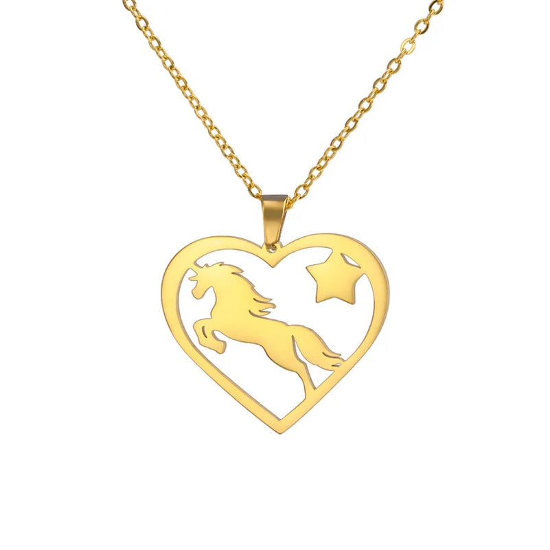Gold necklace with heart-shaped pendant featuring a horse and star design on a white background.