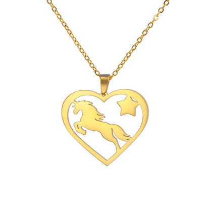 Gold necklace with heart-shaped pendant featuring a horse and star design on a white background.