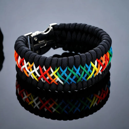 A black paracord bracelet with a silver metal buckle and a colourful woven geometric pattern in red, orange, yellow, green, blue, and white with a reflection of the bracelet on a dark surface below.