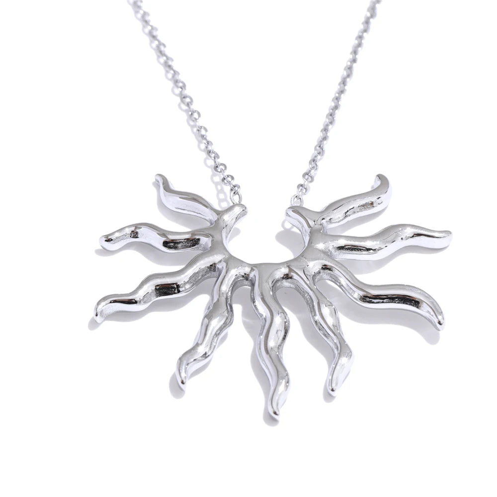 Silver sun-shaped pendant on a chain against a white background
