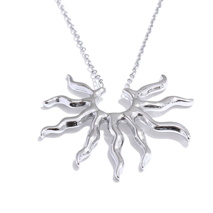 Silver sun-shaped pendant on a chain against a white background