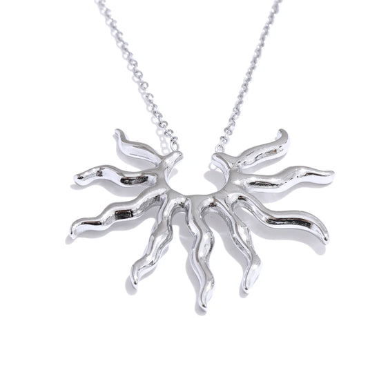 Silver sun-shaped pendant on a chain against a white background