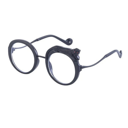 Round eyeglasses with black frame on a white background.