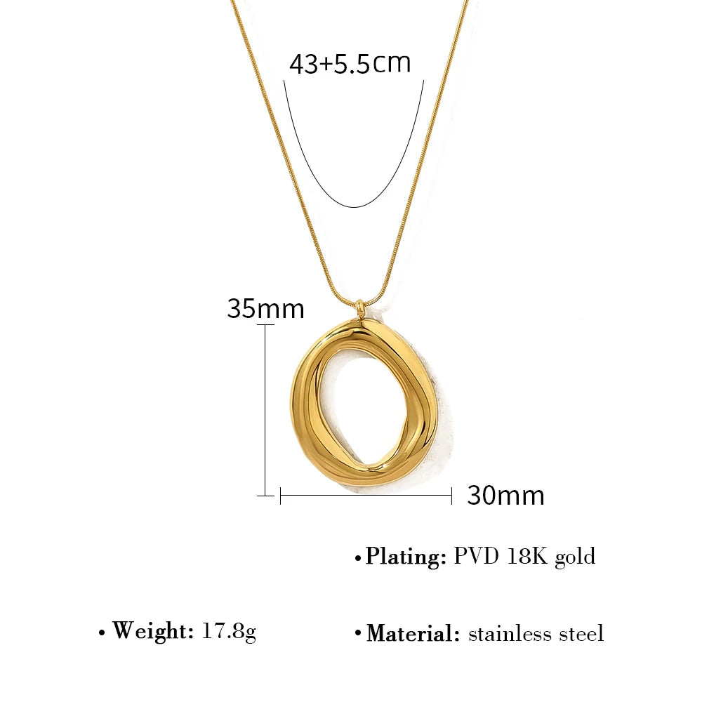Gold necklace with measurements and product details on a white background