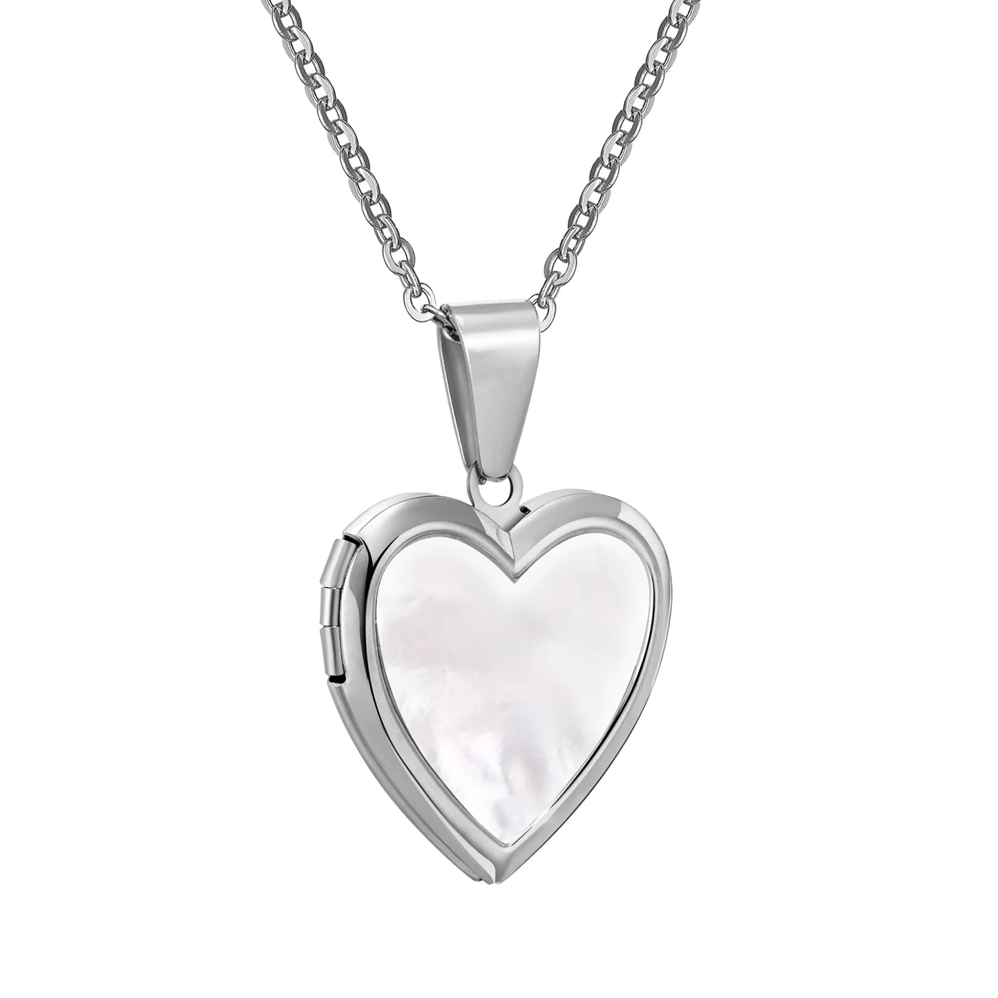 Heart-shaped silver locket with a white interior on a white background
