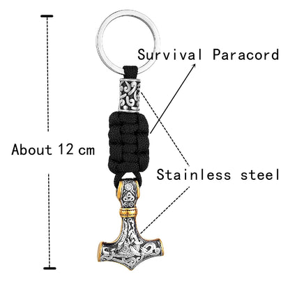 Keychain with Thor's hammer design, paracord, and measurements on a white background