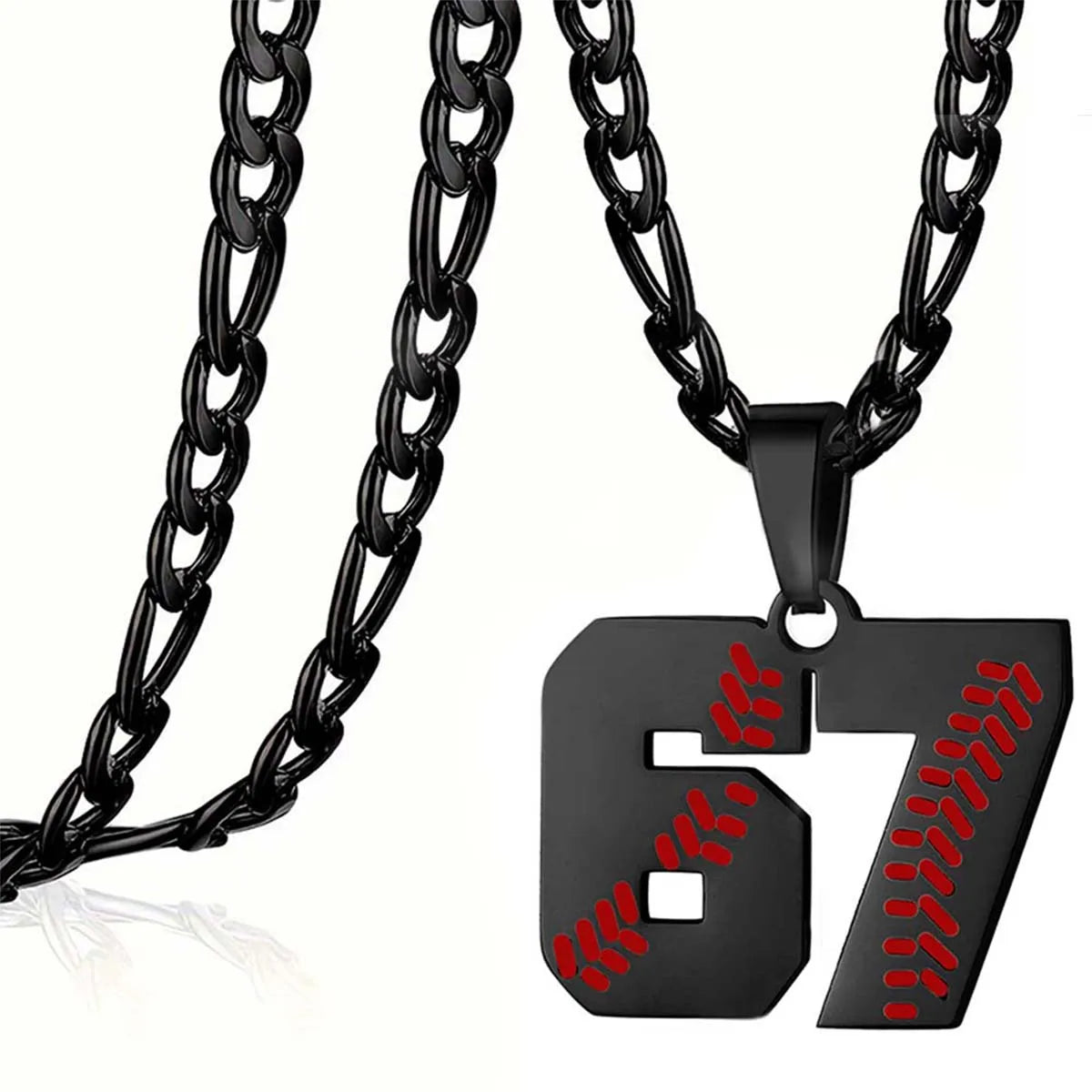 Black chain necklace with a number 67 pendant featuring red patterns on a white background
