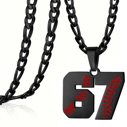 Black chain necklace with a number 67 pendant featuring red patterns on a white background